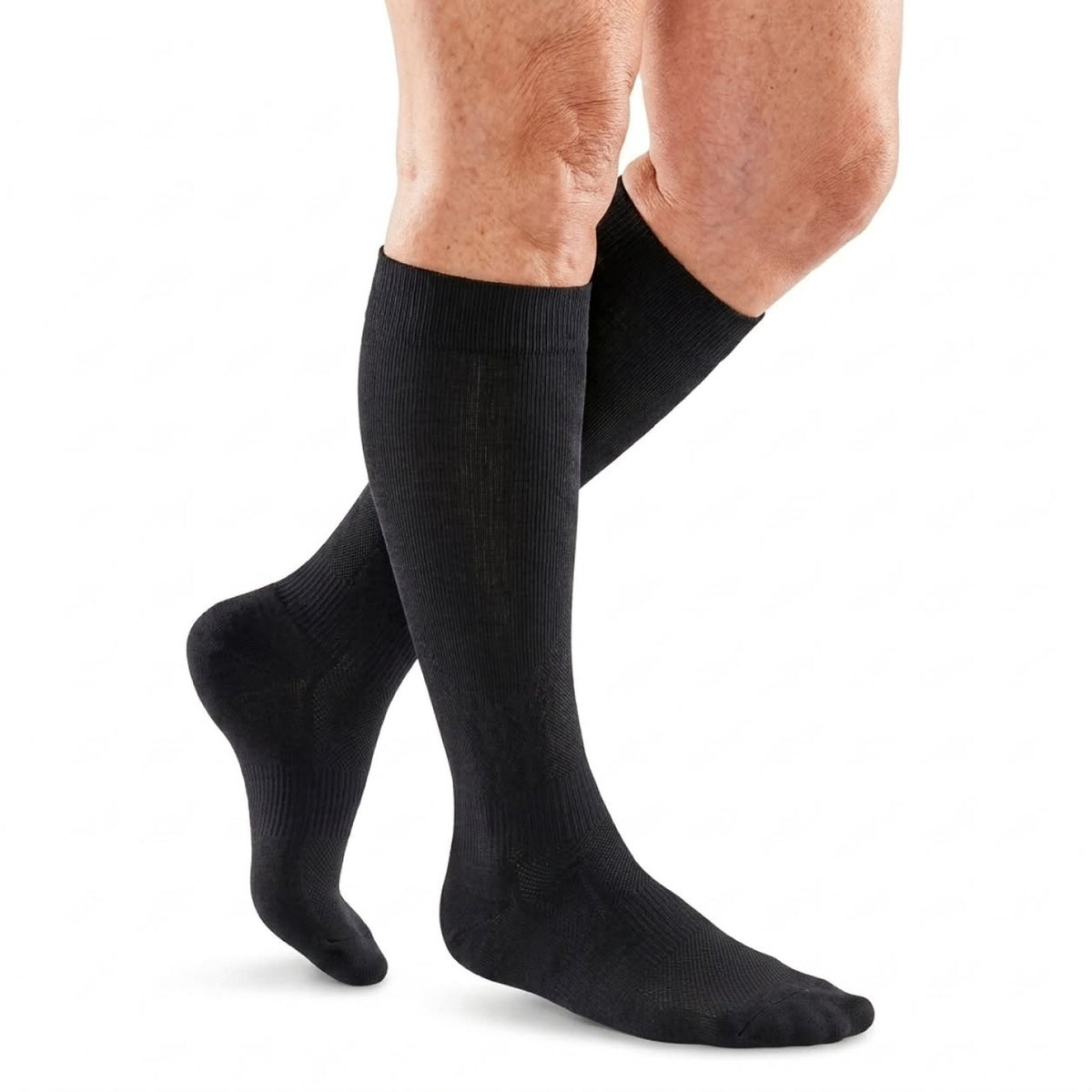 TrueFit black graduated compression socks worn knee-high