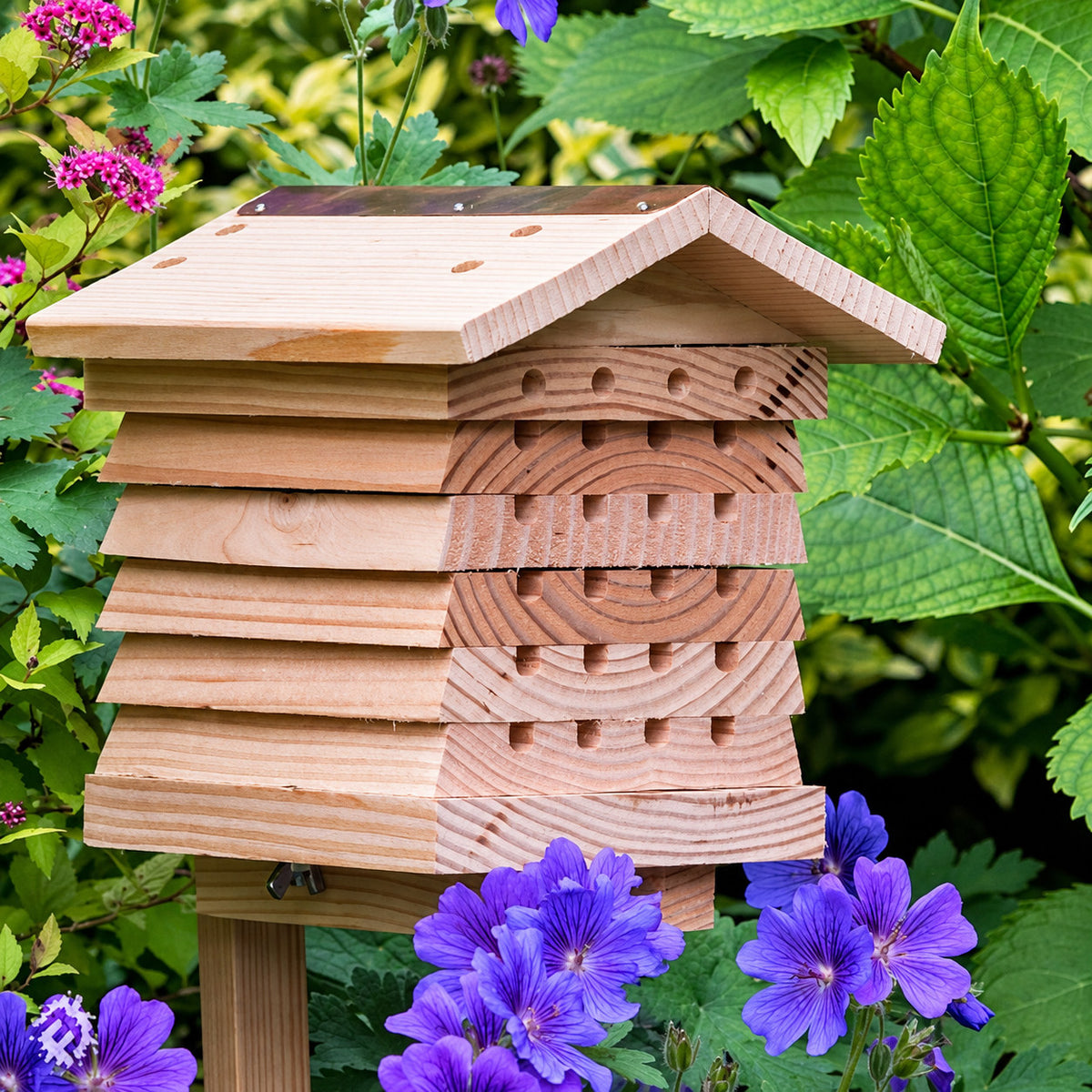 Wild Bee Hotel wooden nesting block among garden flowers; representative view of one hotel in the 3 Pack